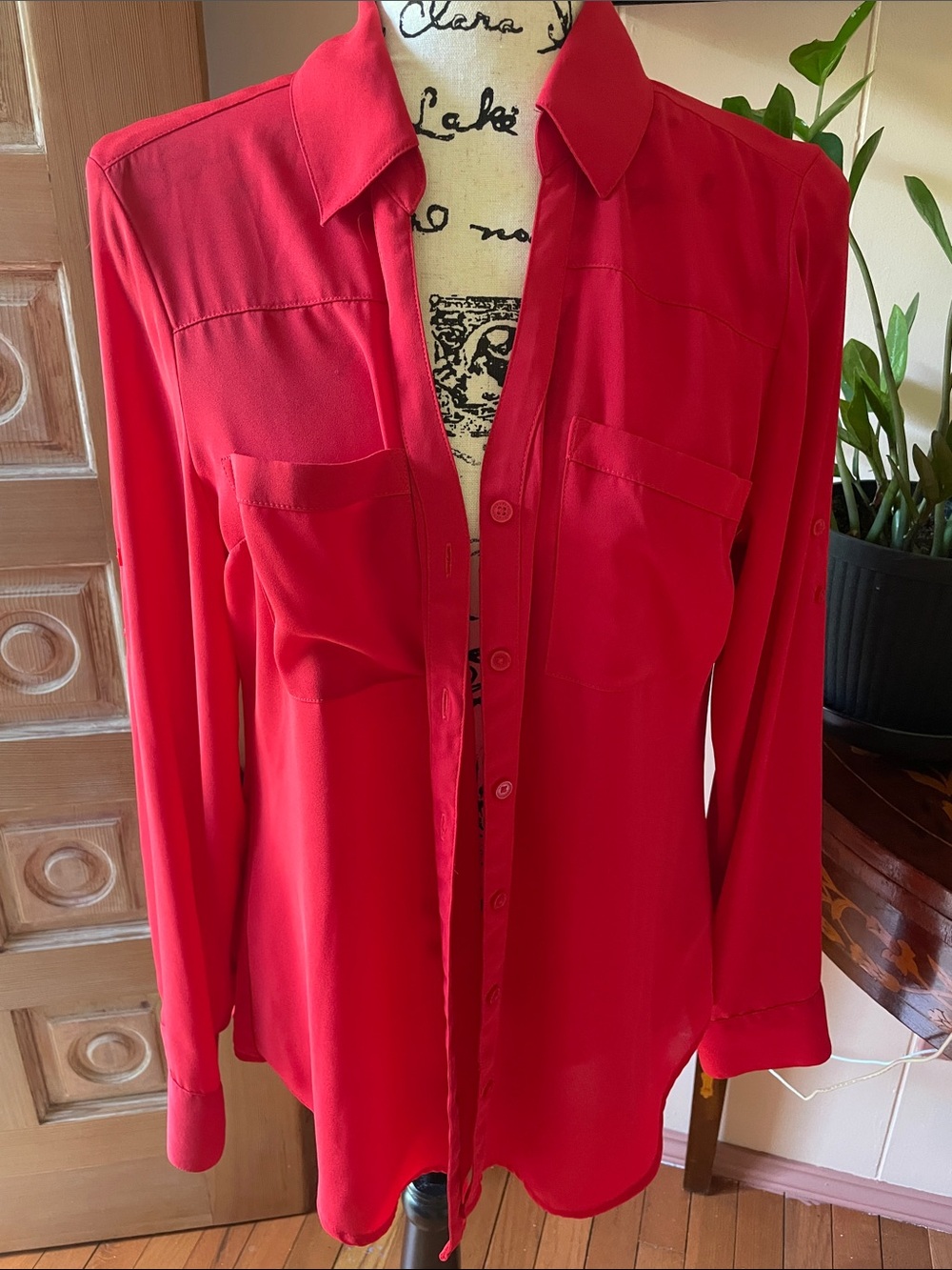 Express Red Long-Sleeve Button-Down Pocket Blouse